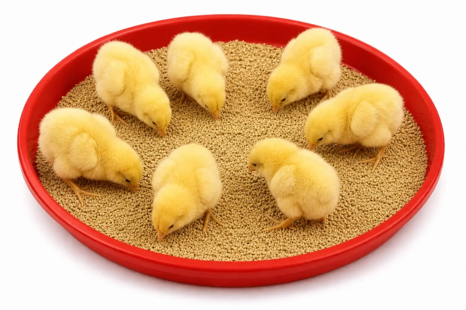 Day-old chicks feeding from a red plastic flat tray