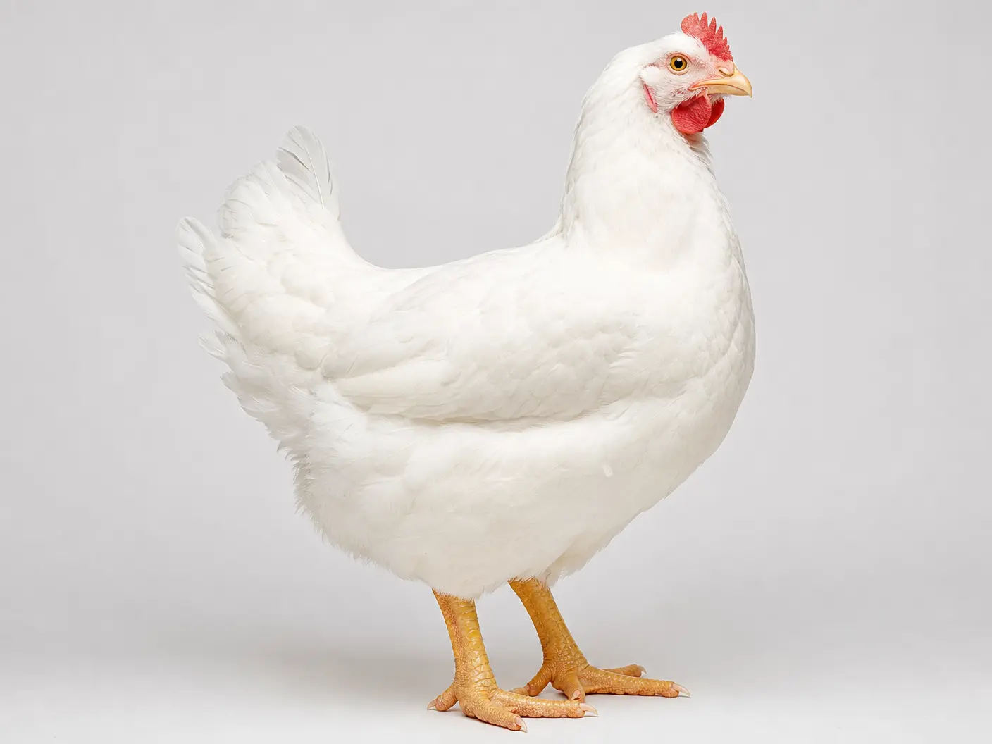 Side view of a mature white Cobb 500 broiler chicken with a red comb and yellow legs, standing against a plain background