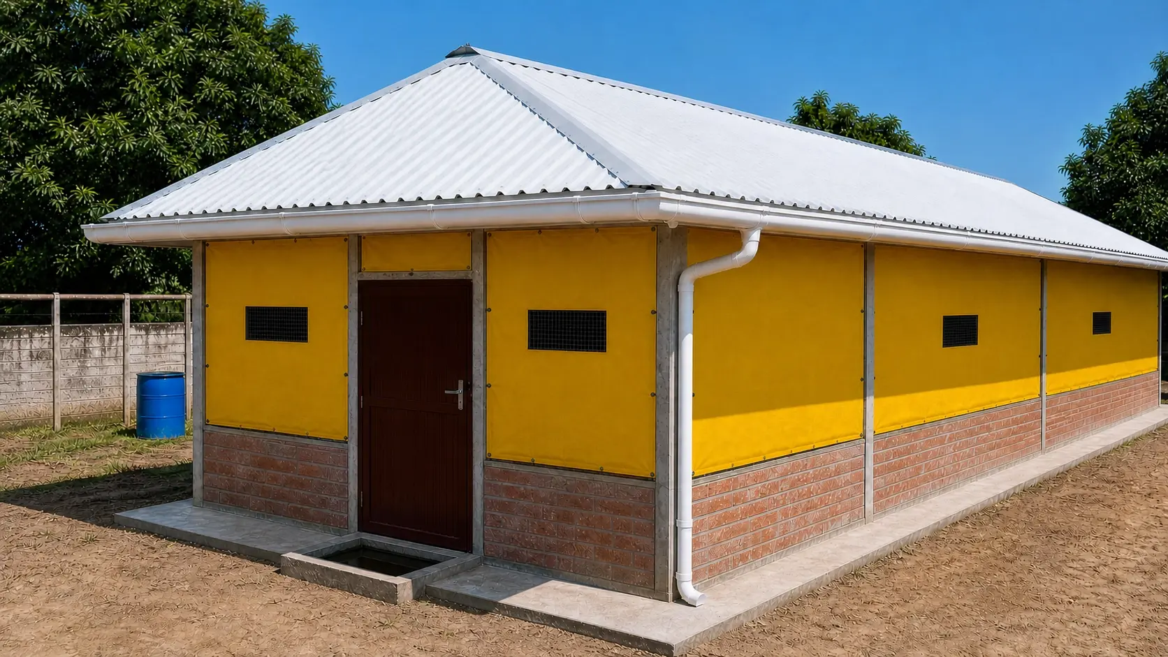 Exterior view of a broiler brooding house with tarpaulin covering mesh walls