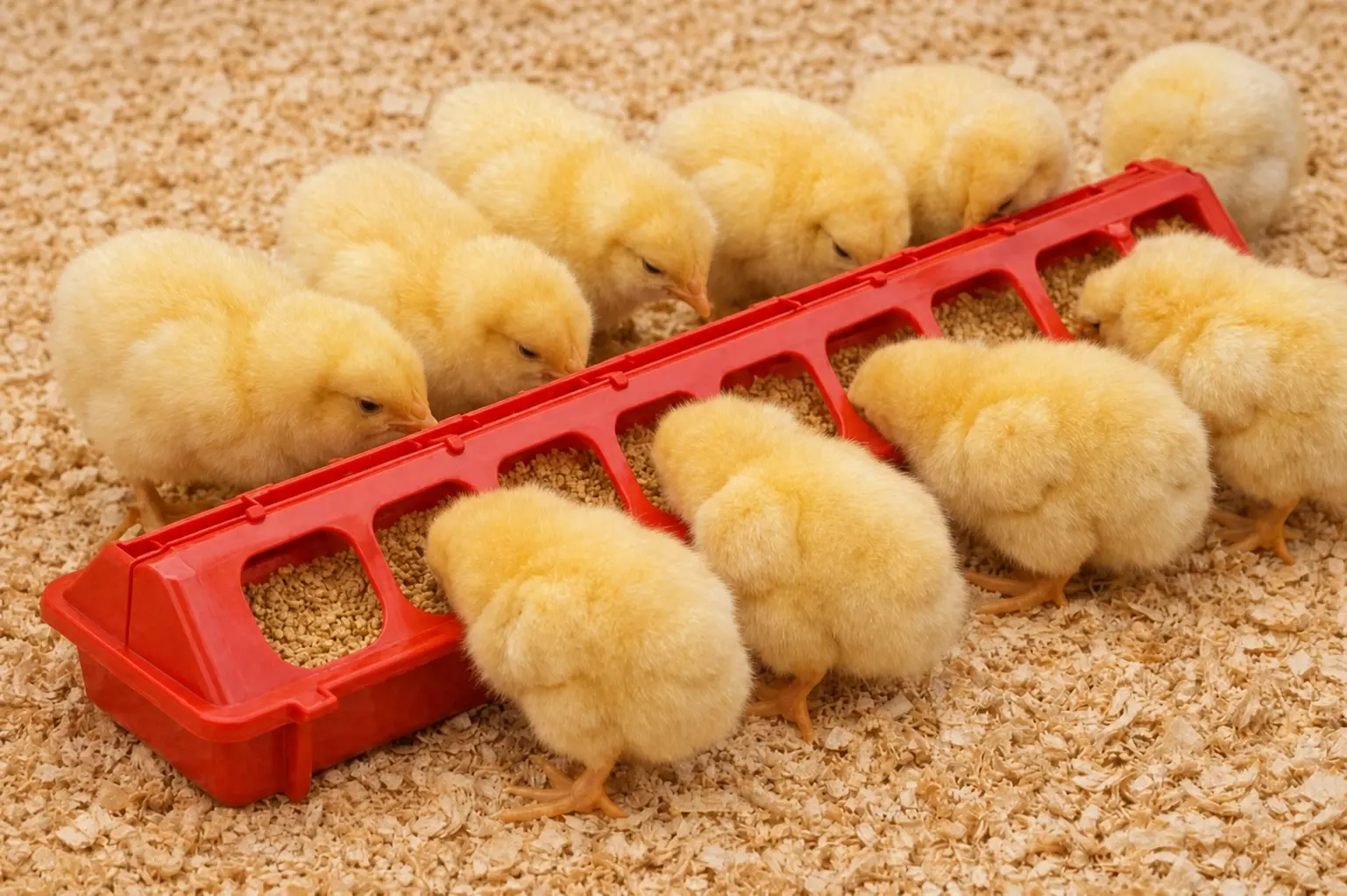 Chicks feeding from a long plastic flip-top feeder