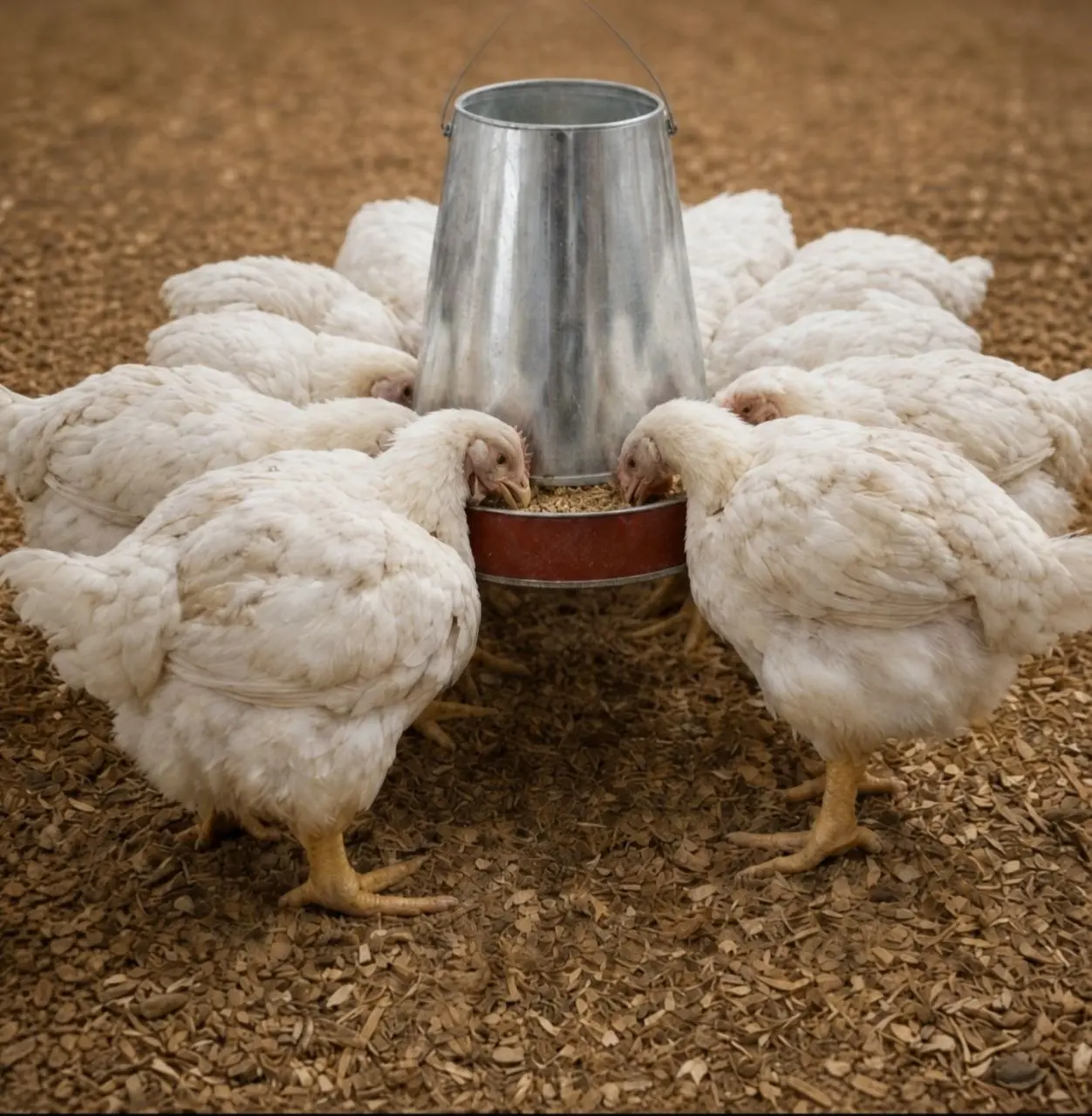 Growing broilers feeding from a hanging galvanized metal feeder