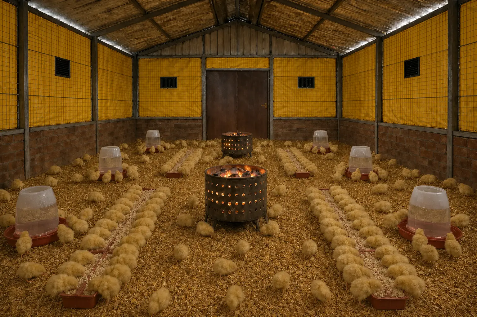 Interior of a brooding house prepared for day-old chicks