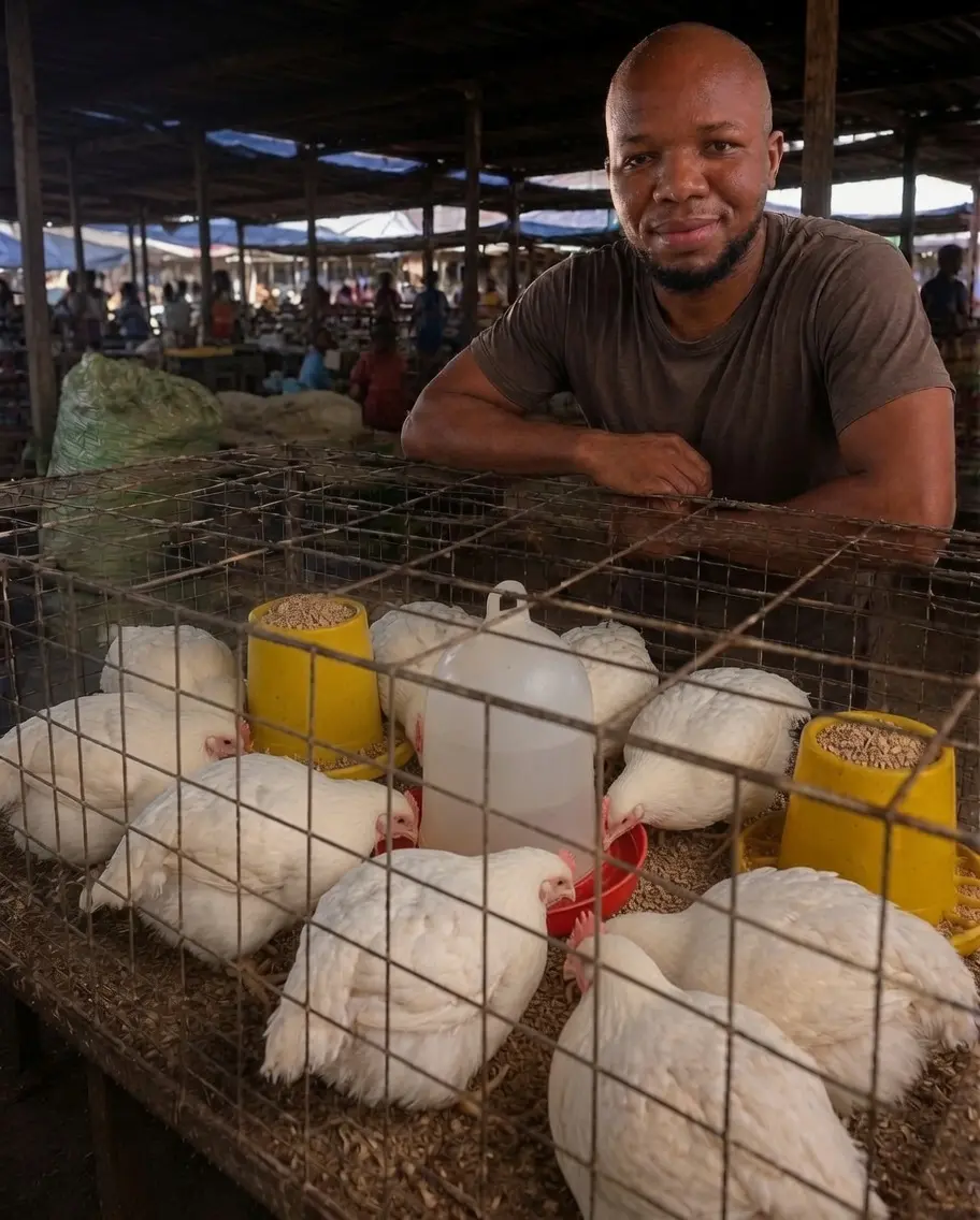 A man with caged broilers in an open market