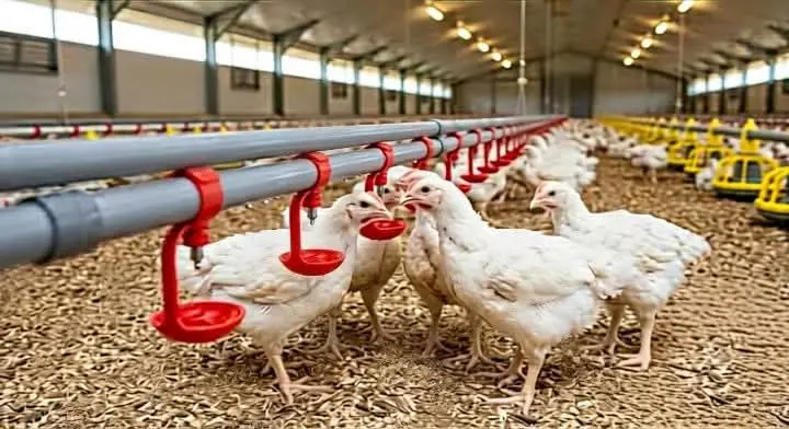 Broilers drinking from an automated nipple line system
