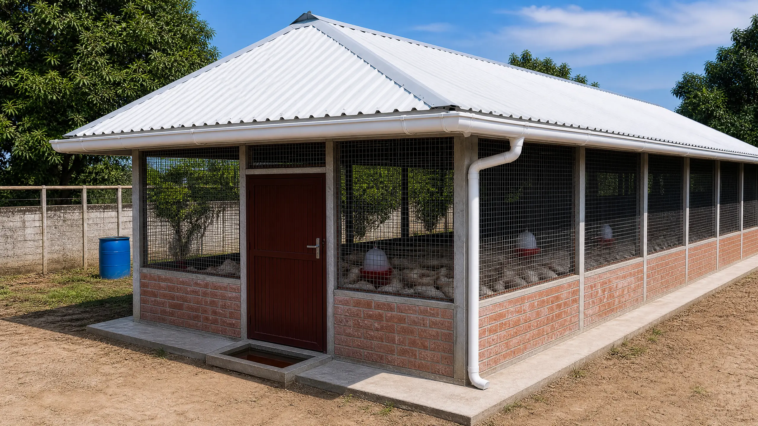 Exterior view of an open-sided broiler rearing pen with wire mesh